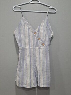 Fashion On Earth Sz MEDIUM Blue White Striped Romper Buttons‎ Coastal Preppy